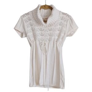 Handmade Y2k Babydoll White Wool Blend Crochet Funnel Neck Cableknit Sweatshirt